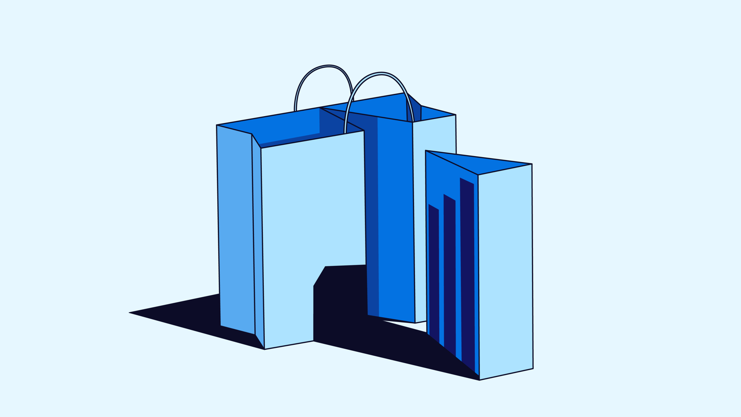 Two light blue shopping bags, one of which features a dark blue bar graph design on its side against a pale blue background.