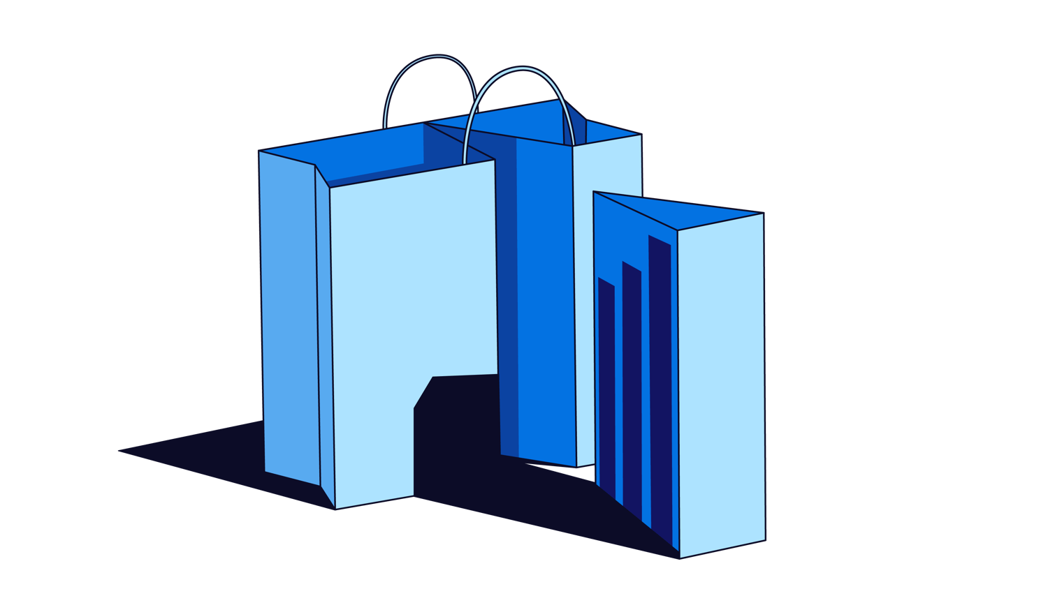 Two light blue shopping bags, one of which features a dark blue bar graph design on its side against a pale blue background.