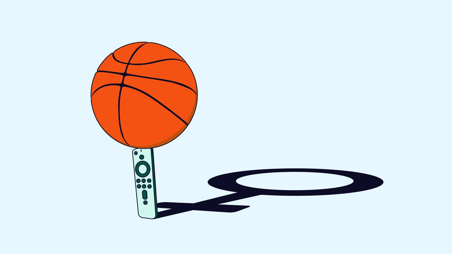 Blue graphic of a basketball balancing on a tv remote with The Trade Desk logo in the top left corner