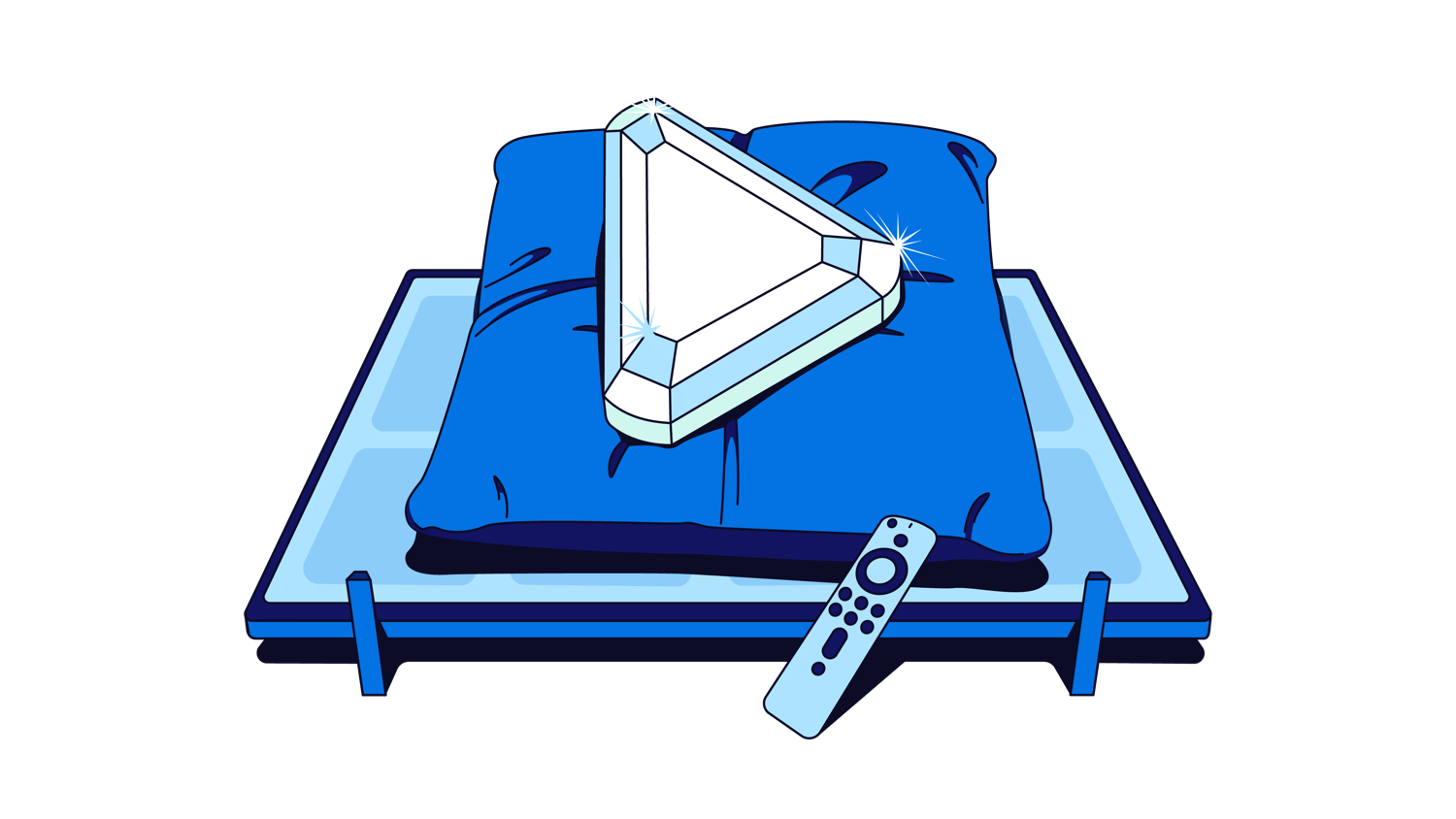 Illustration of a gemstone-shaped triangular play button resting on a blue pillow atop a platform, with a remote control in the foreground.