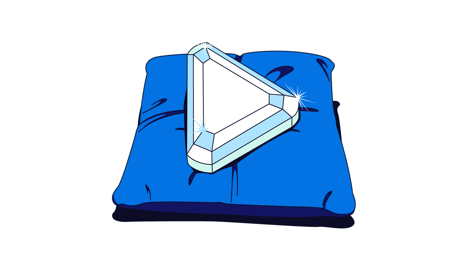 Play button-shaped diamond resting on a large cushion.