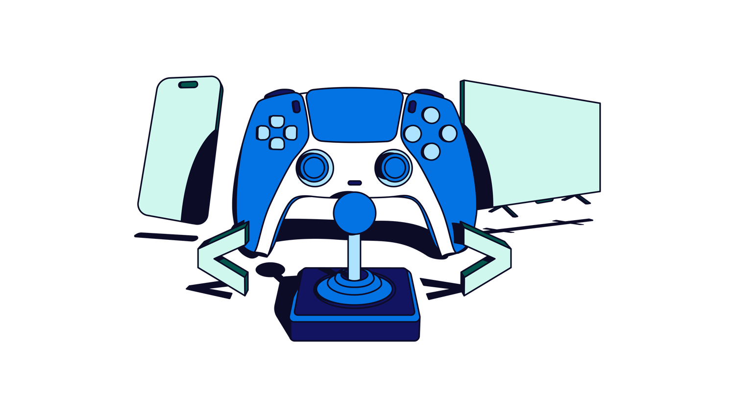 Illustration of a game controller, joystick, smartphone, and TV screen representing gaming across devices.