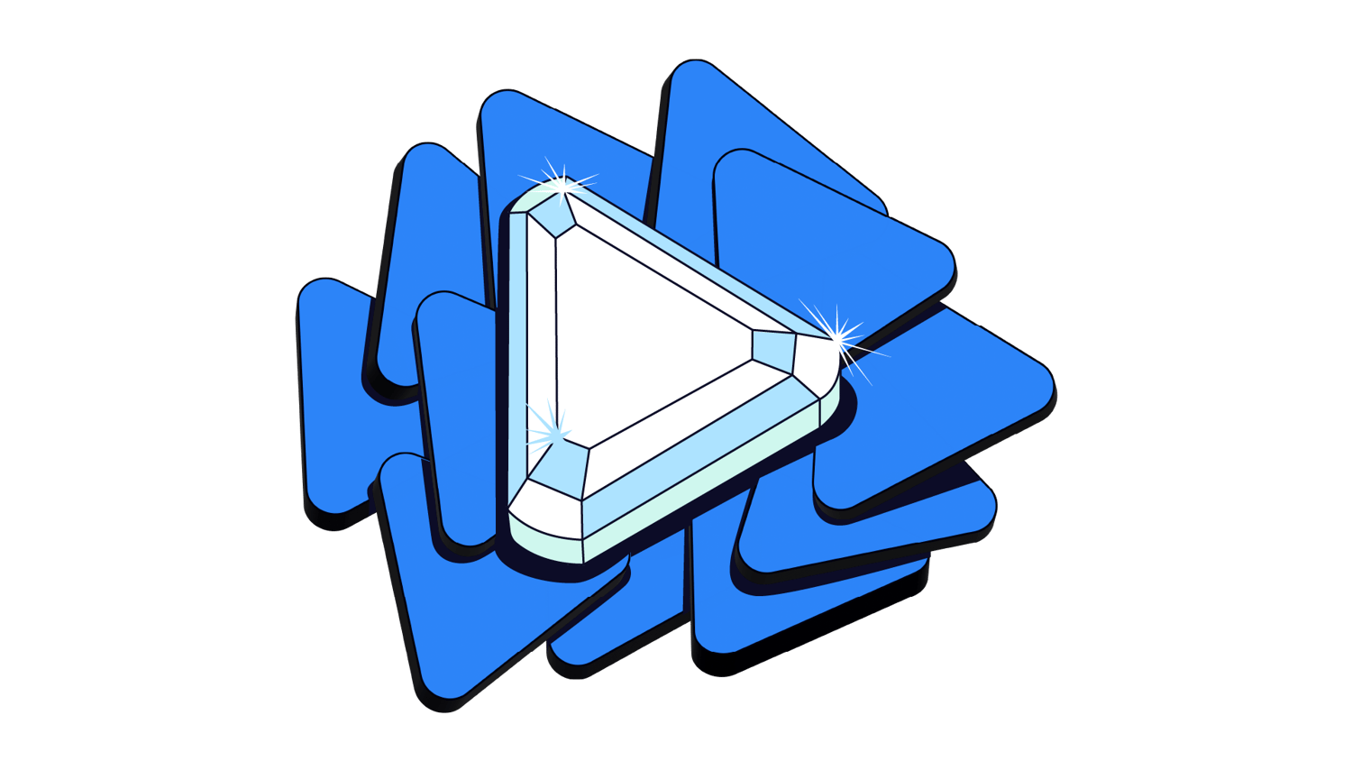 Graphic of a diamond over a bunch of blue play buttons