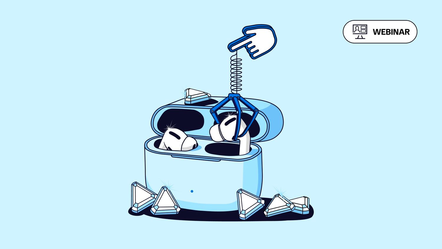 An illustration of a blue earbuds case with two earbuds inside, a hand pointing at a spring mechanism, and geometric shapes around it.