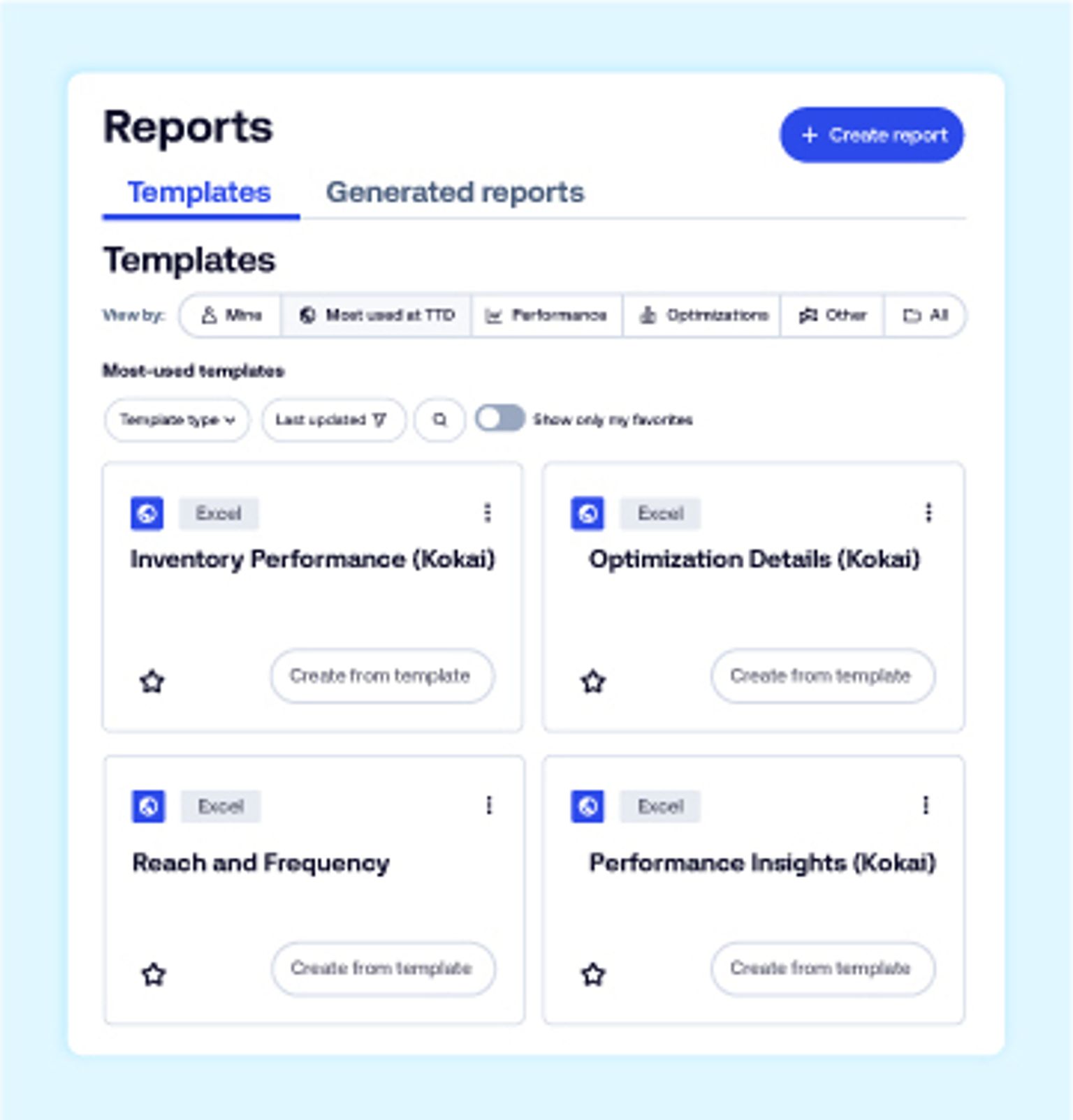 A user interface showing a report generation page with sections for reports and templates.