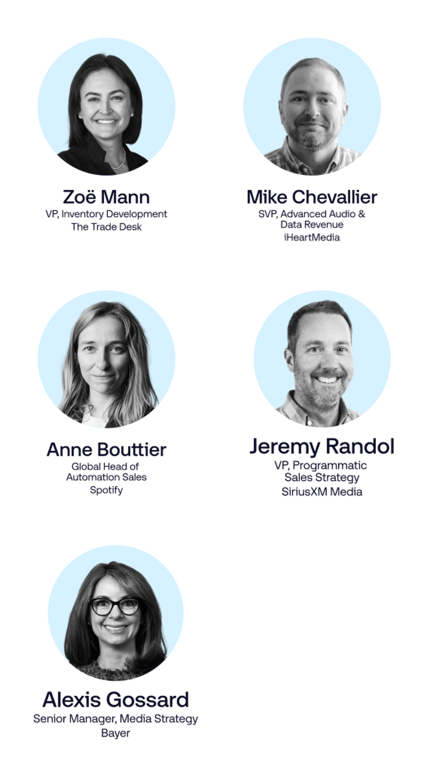 Five professional headshots of team members against a light blue background.