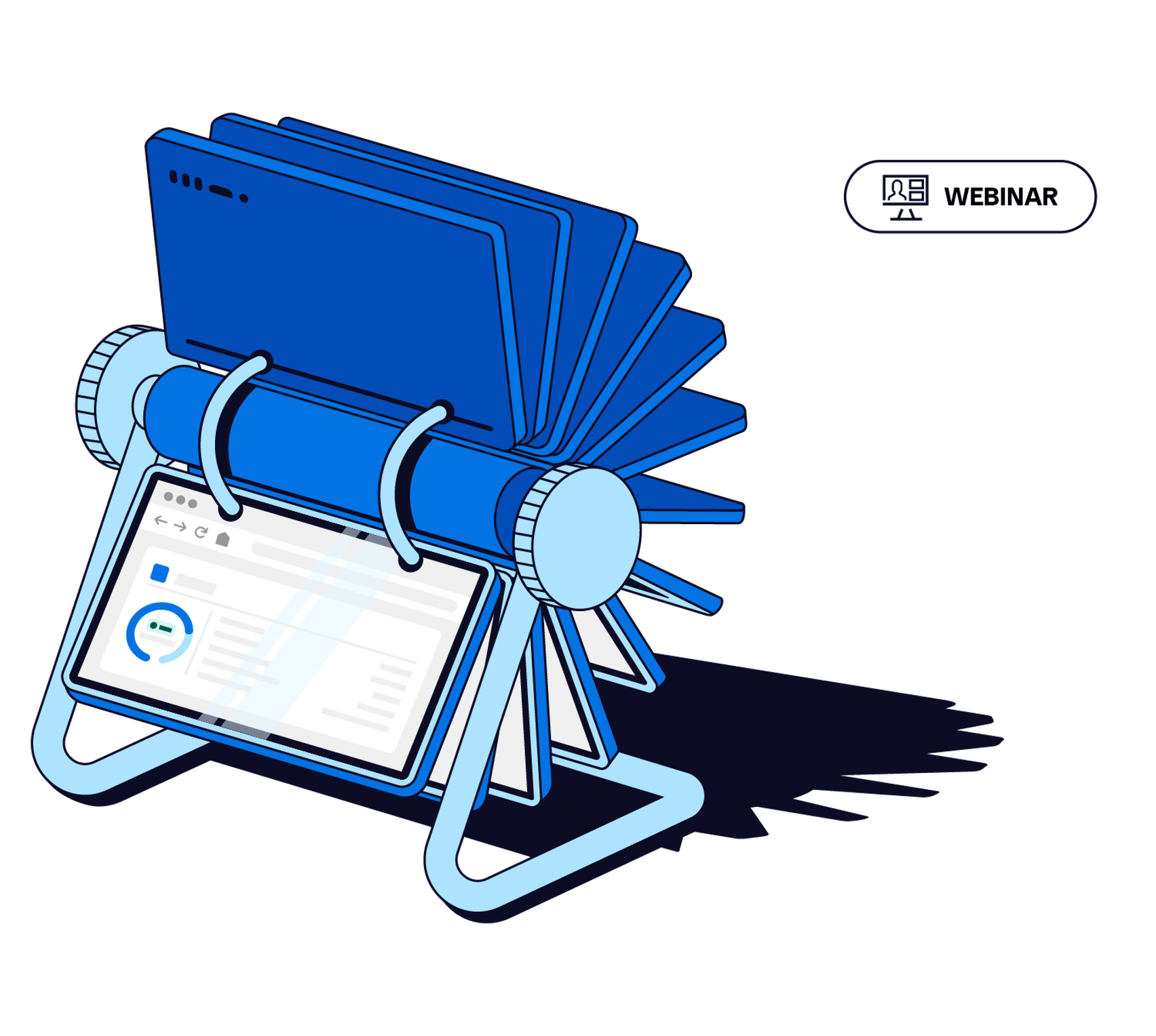 Illustration of a rolodex filled with computer screens, featuring Kokai, a digital media buying platform, on the front page.