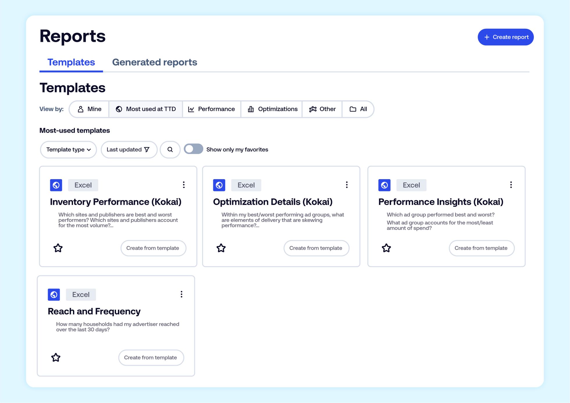 A user interface showing a report generation page with sections for reports and templates.