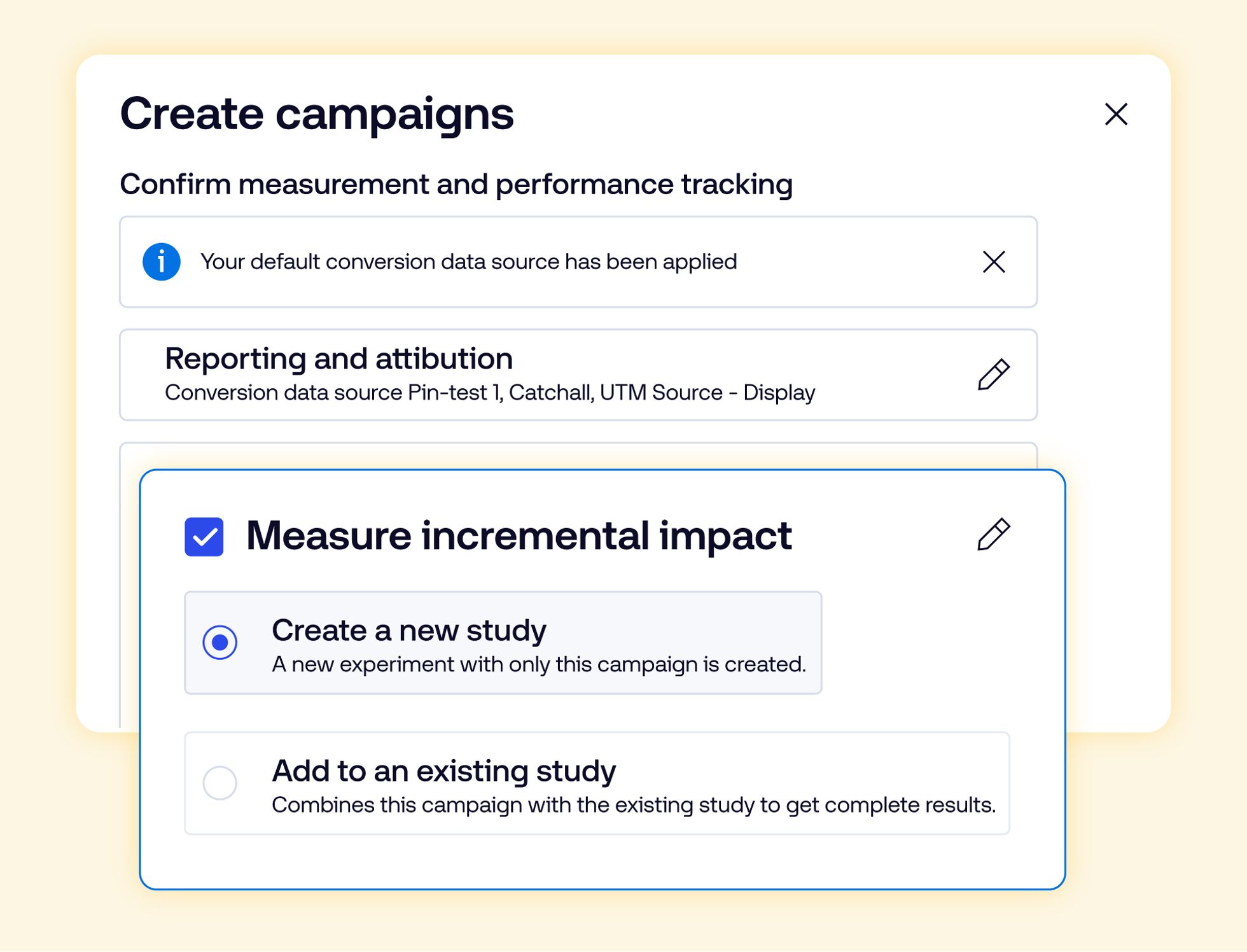 A user interface displaying options for creating campaigns, including settings for measurement and performance tracking, with options to create a new study or add to an existing study.