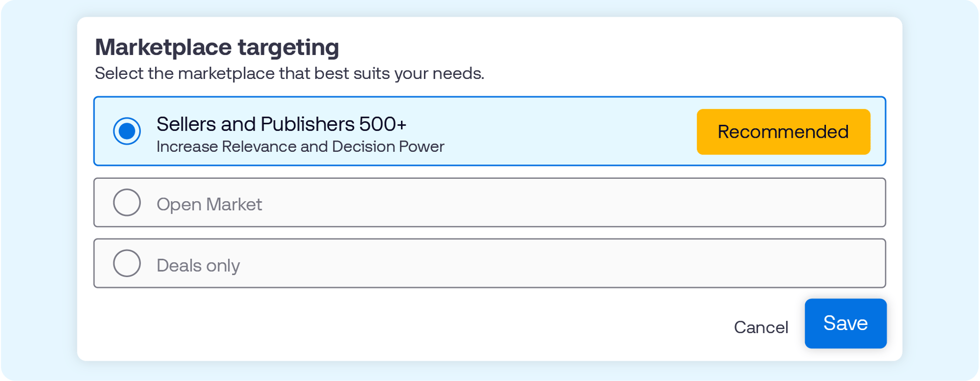 Alt text: Modal titled “Marketplace targeting” showing selectable options for Sellers and Publishers 500+ (recommended and selected), Open Market, and Deals only, with Cancel and Save buttons at the bottom.