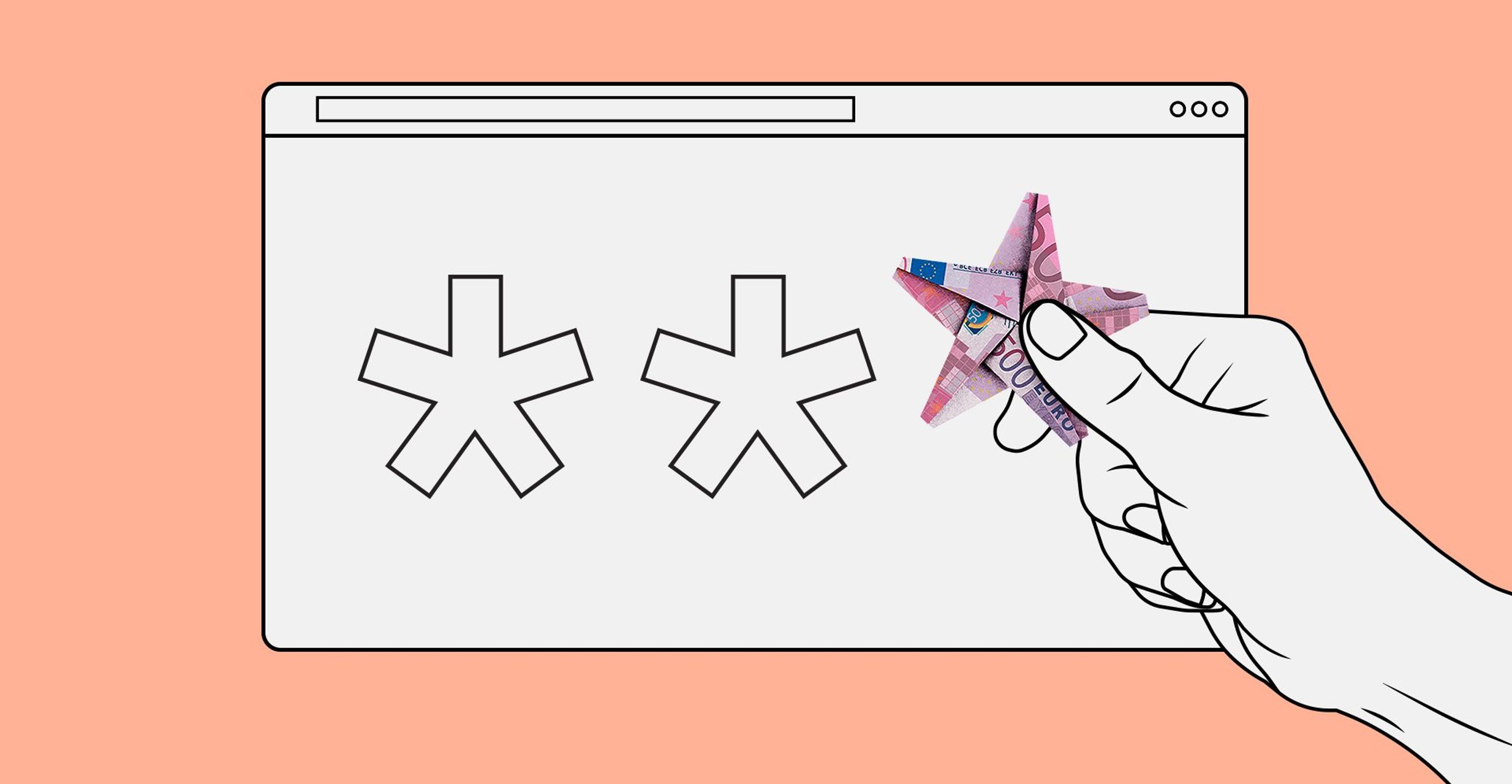 A web browser pictures two paper stars while a hand holds up a third star made from a 500 euro bill.