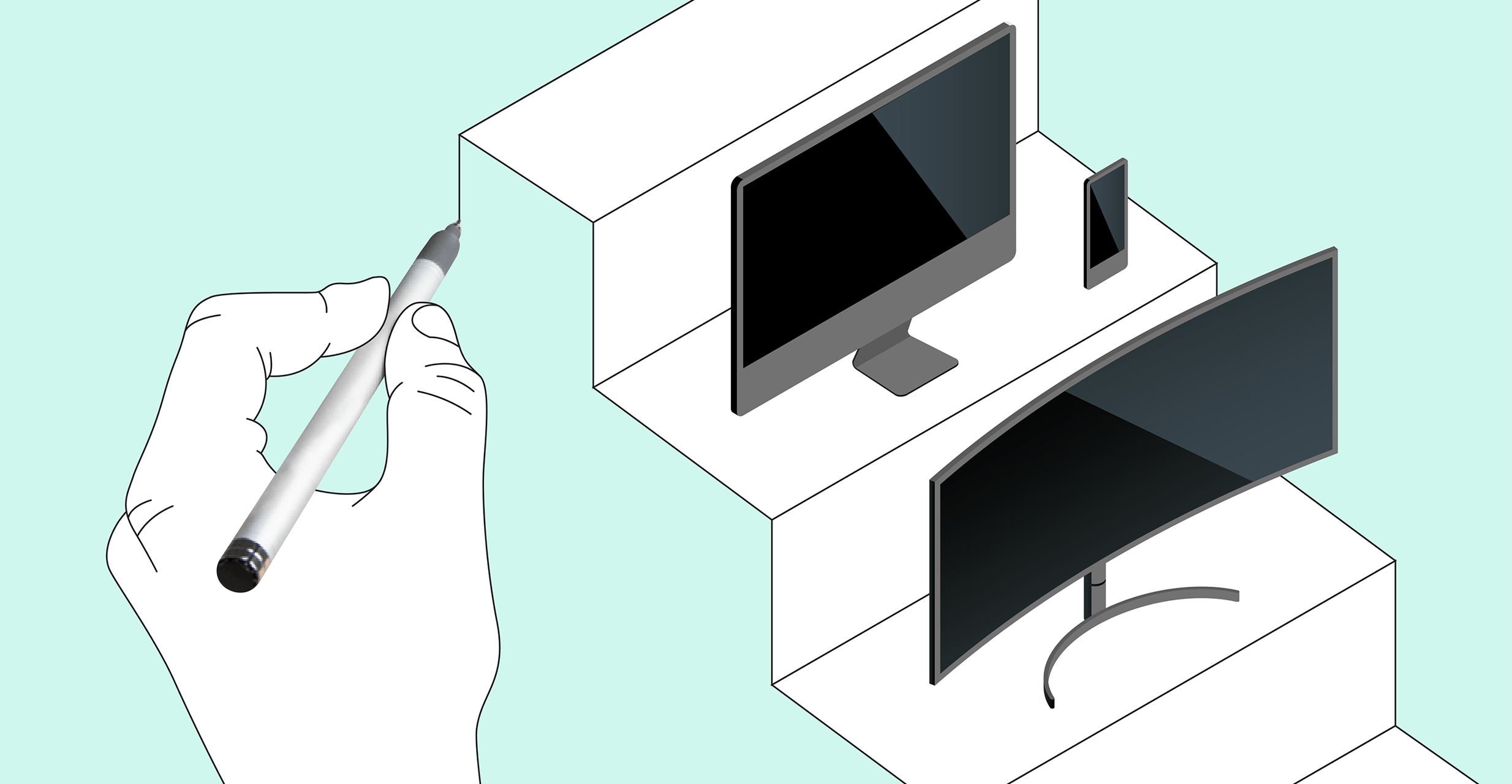 A hand completes a drawing of a staircase while two computer monitors and a cellphone sit on the finished staircase steps.