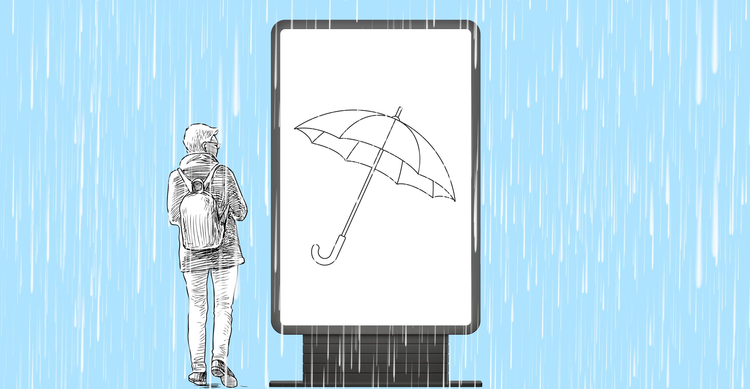 In the rain a small billboard shows an umbrella while a commuter walks by without an umbrella.