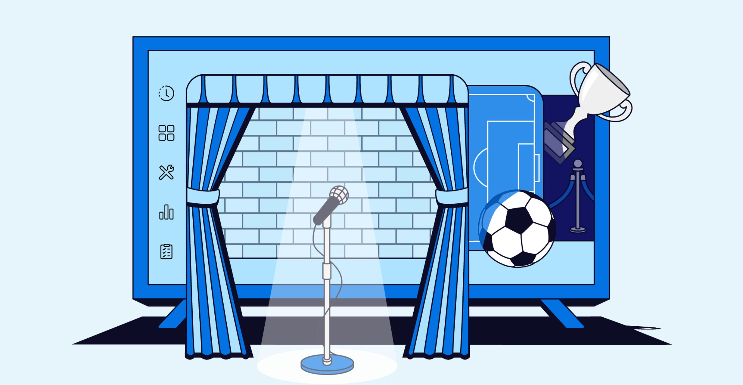 Streaming interface displayed on a TV showcasing three live events: a stage performance with curtains and a spotlighted microphone, a sports event, and an award show.