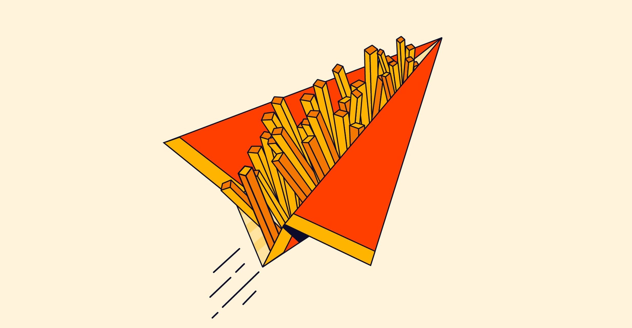 Illustration of a red paper airplane filled with French fries, flying upwards.