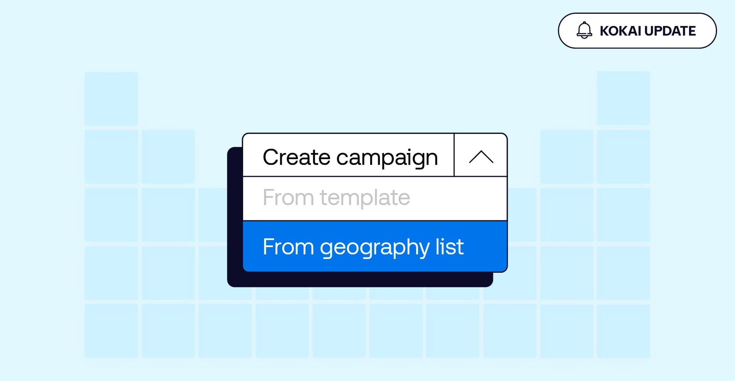 An illustration showing the programmatic table, and a graphic showing Kokai's new feature that allows users to create campaigns in bulk using geography lists.