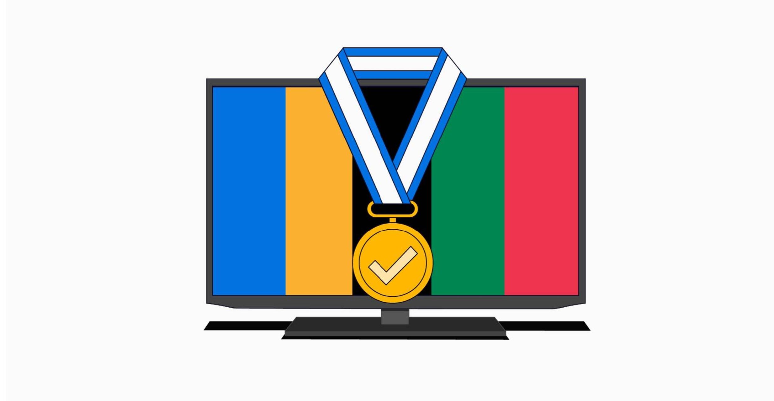 Graphic of an Olympics banner in a TV with a medal over it