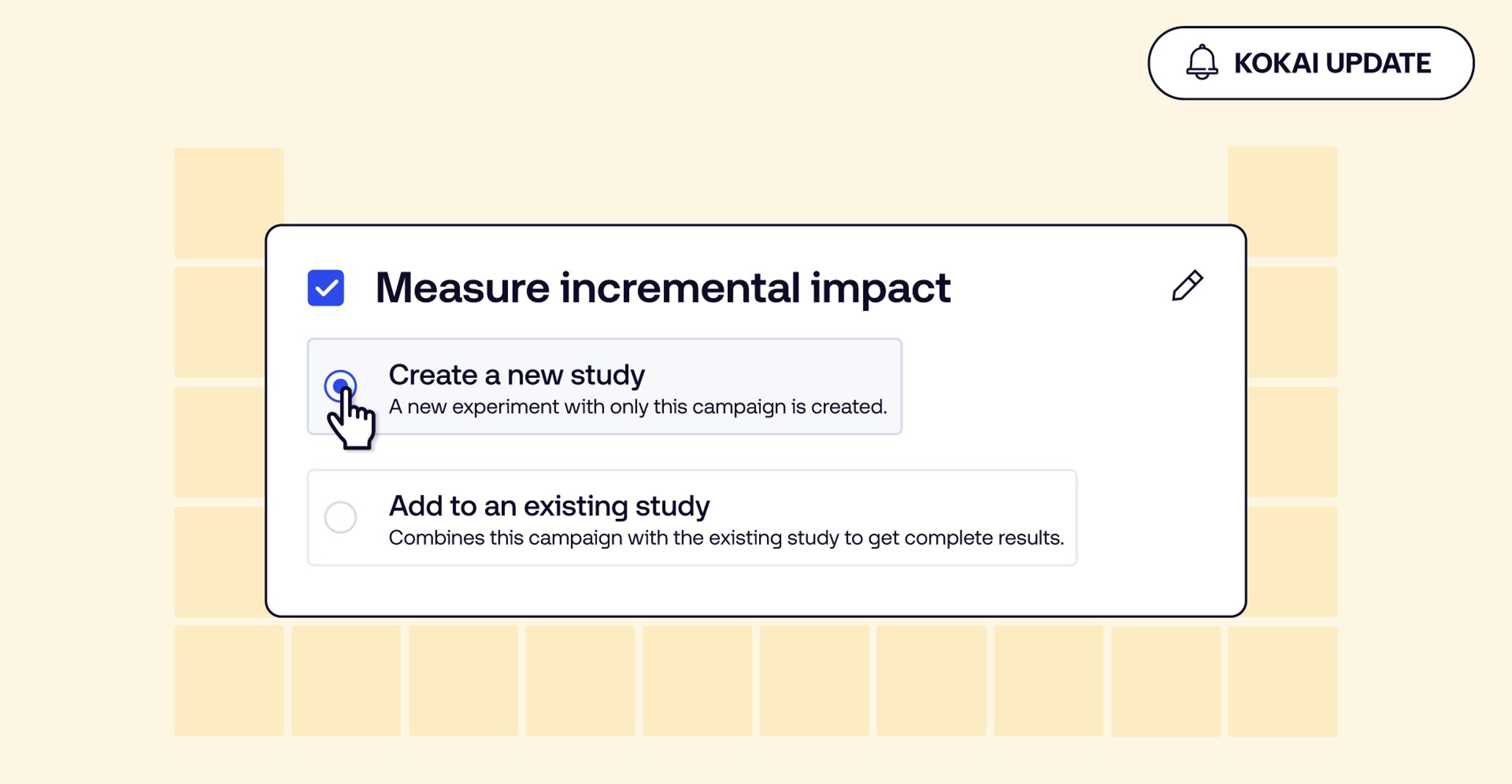 A user interface element from theTradeDesk platform, displaying options to measure incremental impact with choices to create a new study or add to an existing study.