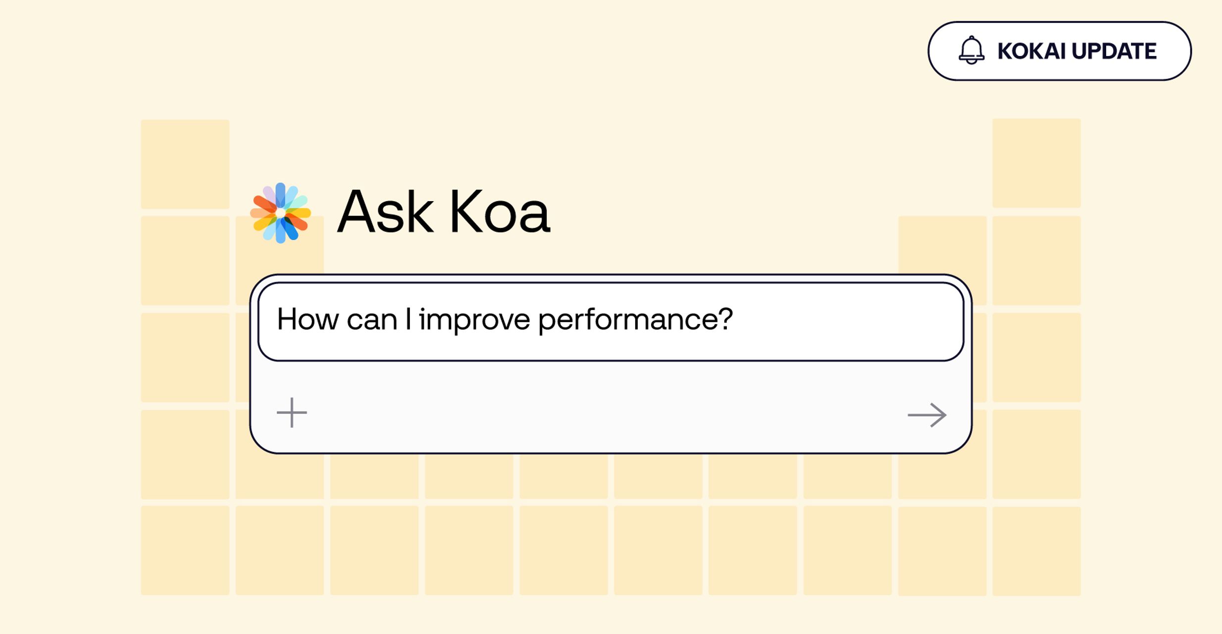 The Trade Desk interface showing Ask Koa with a text box asking How can I improve performance? and a Kokai Update button on a light yellow background.