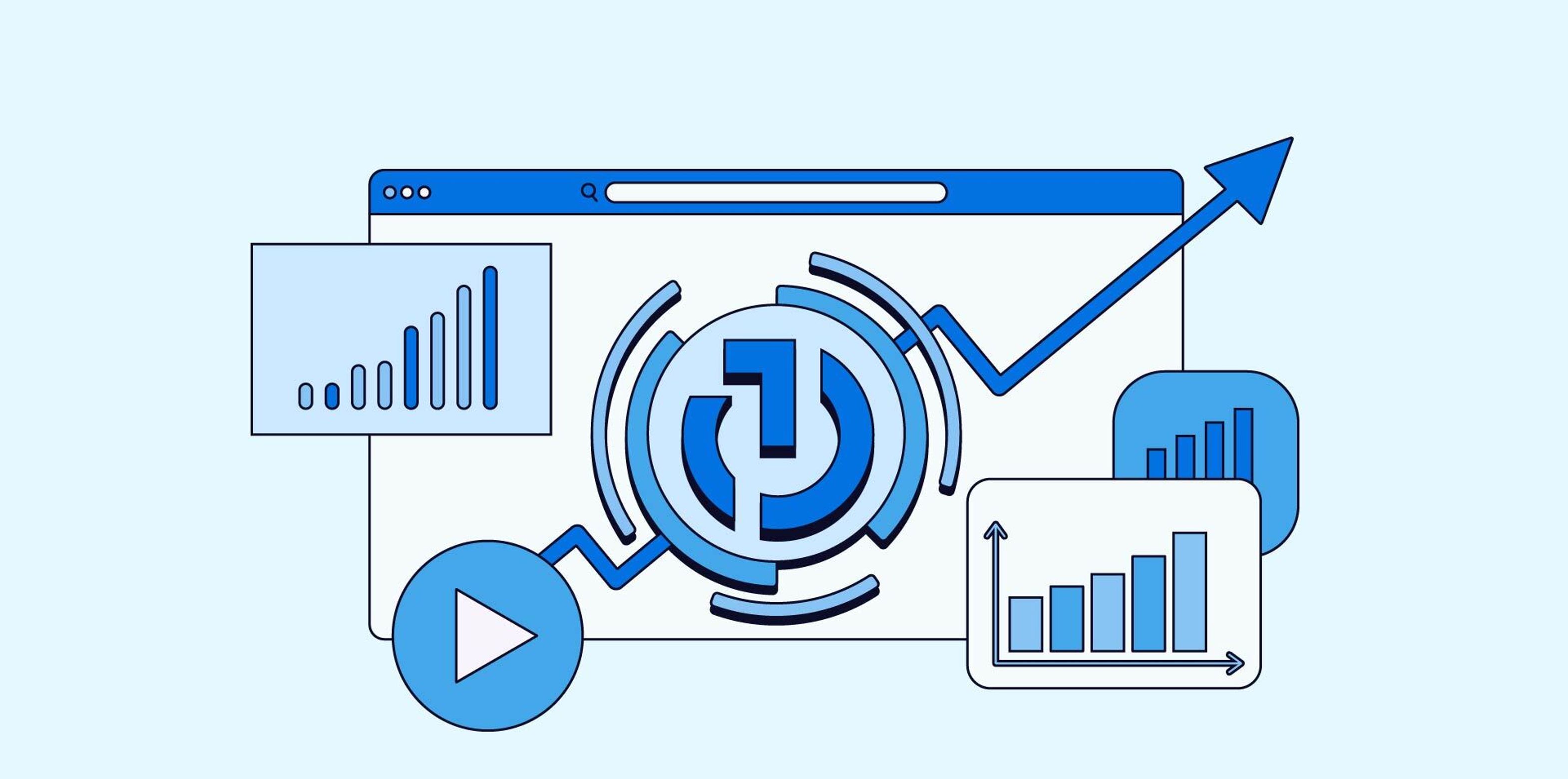 An illustration featuring a computer screen displaying graphs, a play button, all in blue tones.