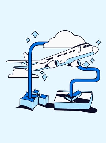 Illustration of an airplane climbing through clouds, with blue pipes connecting a stack of blocks to a browser window, representing advertisers reaching winter travelers.
