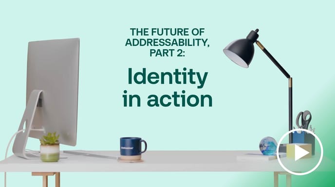 Desk with computer and lamp beside ‘Identity in Action’ text by The Trade Desk, illustrating identity-based digital advertising.