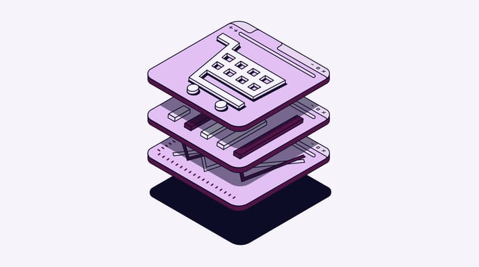 Illustration of stacked digital interface layers with a shopping cart icon representing an e-commerce system.