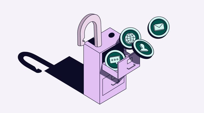 Illustration of an open padlock releasing icons for email, user profile, web, and messaging from drawers, symbolizing access to digital data and online security.