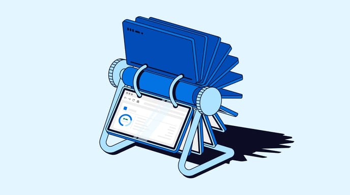Illustration of a rotating flip-style display of web pages above a tablet dashboard, representing website testing, experimentation, or optimization tools.