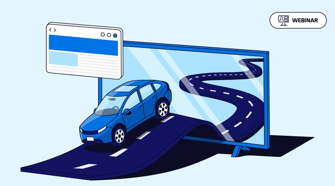 Illustration of a car driving on a windy road through a TV screen with a display ad in the corner.