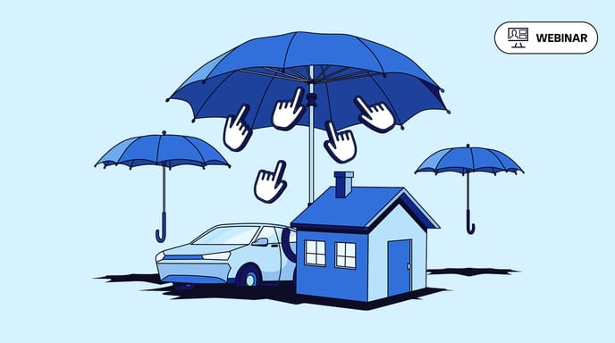 Blue house and car protected under blue umbrellas with cursor icons, symbolizing digital or insurance protection. Webinar text in the top right hand corner.