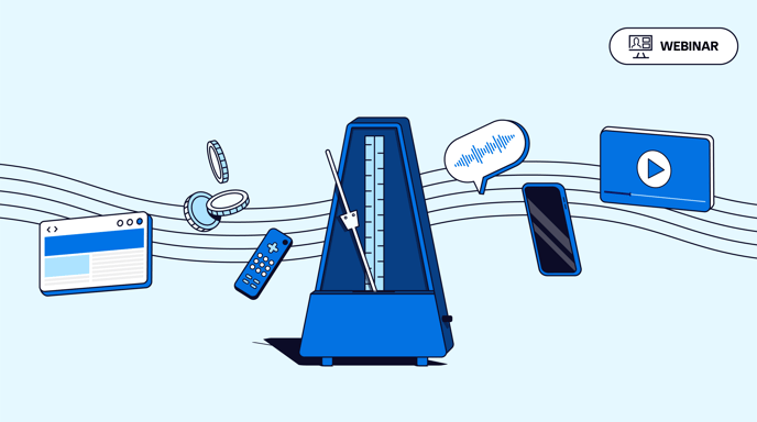 Illustration of a metronome surrounded by icons for web, mobile, video, TV, and audio ads, symbolizing synchronized omnichannel advertising.