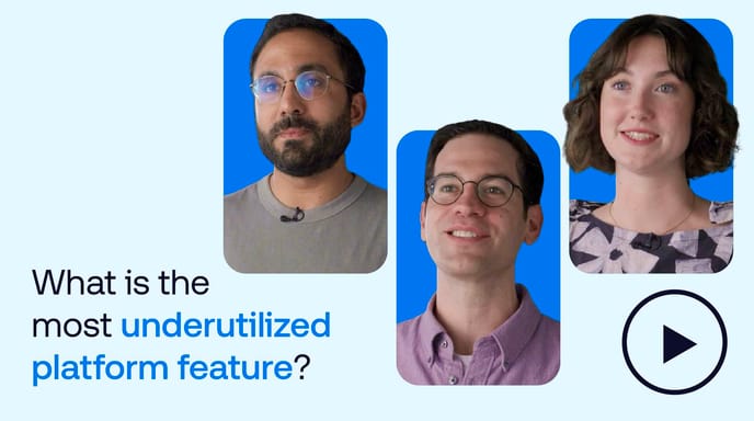 Three people looking at the camera, each in their own framed section against a light blue background, with the text What is the most underutilized platform feature? displayed.