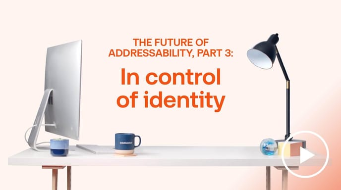 Desk with computer and lamp beside ‘In Control of Identity’ text by The Trade Desk, illustrating identity-based advertising.