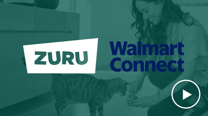 Woman feeding a cat with the Zuru and Walmart Connect logos over laid.