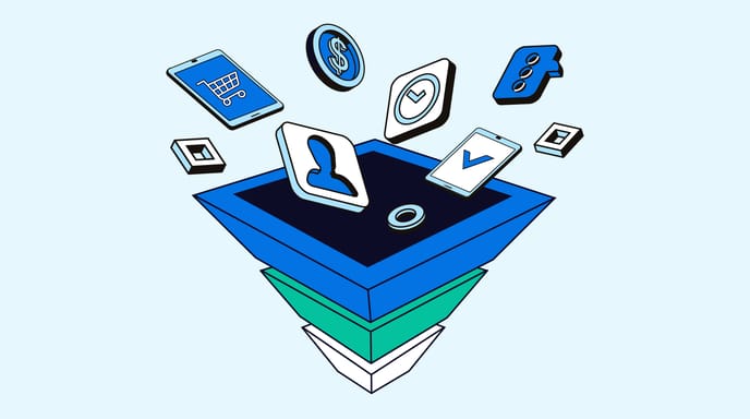 Illustration of a digital marketing funnel with icons representing eCommerce, user profiles, check marks, and money flowing into a layered funnel.