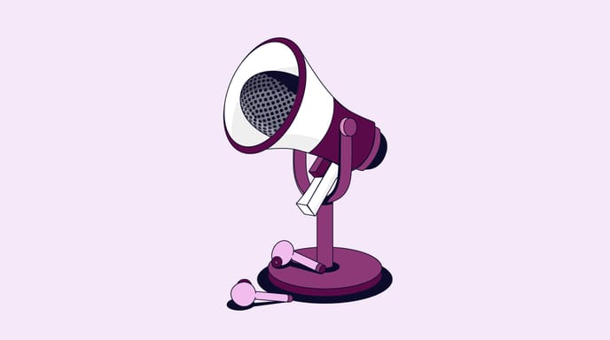 An illustration of a purple microphone on a stand with two small wireless earbuds resting on the base, set against a light purple background.