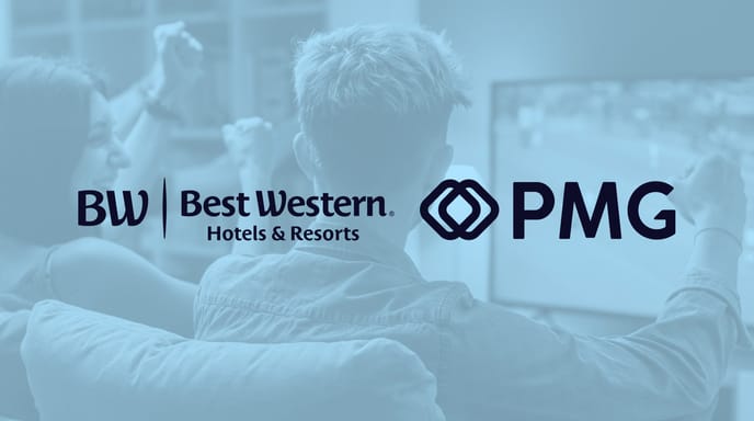 Blue graphic of two people watching live sports on their television with the Best Western and PMG logos over top in the center