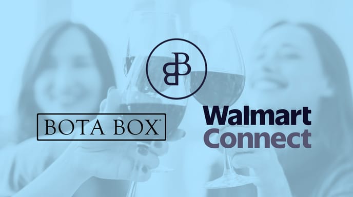 Two women holding clear glass stems filled with deep red wine, clinking their glasses together in a toast. Hazy blue overlay with Bota Box and Walmart Connect logos overtop.
