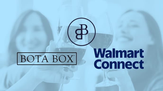 Two women holding clear glass stems filled with deep red wine, clinking their glasses together in a toast. Hazy blue overlay with Bota Box and Walmart Connect logos overtop.