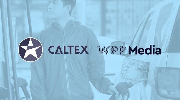 Blue graphic of a man pumping gas into his car with Caltext and WPPMedia logos over the top