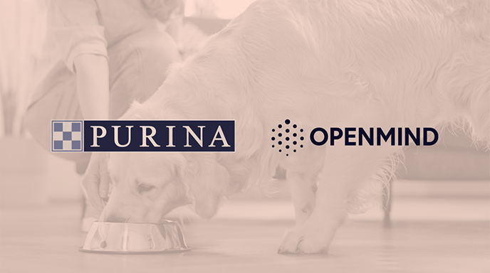Golden Retriever eating food out of his bowl, with his owner crouching down, with Purina, Nestle and Openmind logos overtop