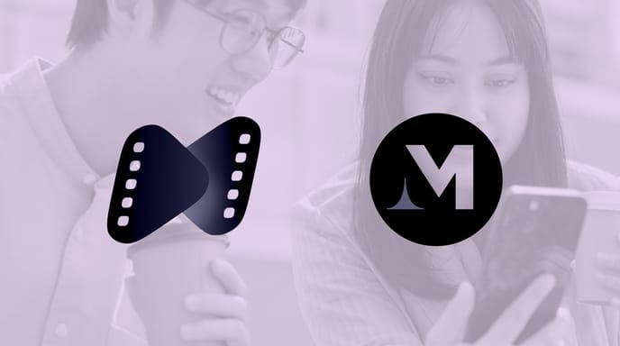 Two people holding coffee cups look at a smartphone together outdoors, with a translucent purple overlay with Madhouse and Netshort logos overtop.