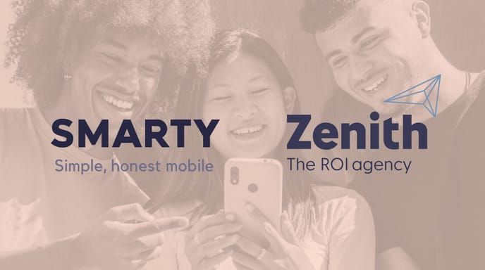 Three people staring at a phone with SMARTY and Zenith logos placed over top