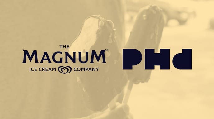 Yellow image of a hand holding two ice cream bars, with the Magnum Ice Cream Company and PHD logos over top