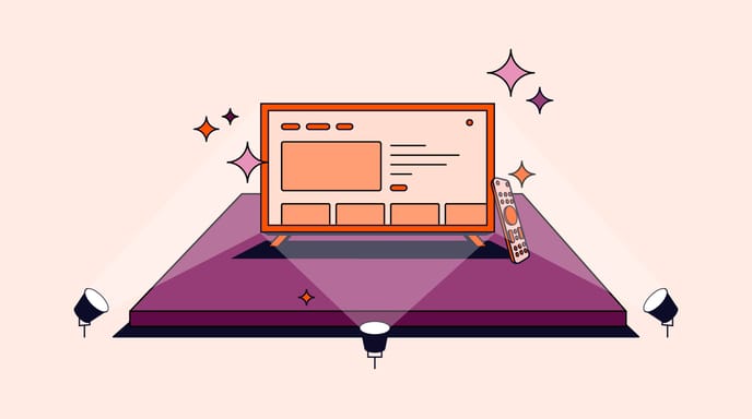 Illustration of a digital TV interface on a pedestal under spotlights, surrounded by sparkles, with a remote control leaning against the screen.