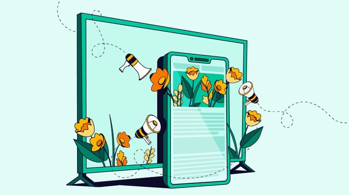 A vector illustration showing a TV and an iPhone with yellow flowers growing out of the screens. Little megaphones that are striped liked bumble bees buzz around the flowers.