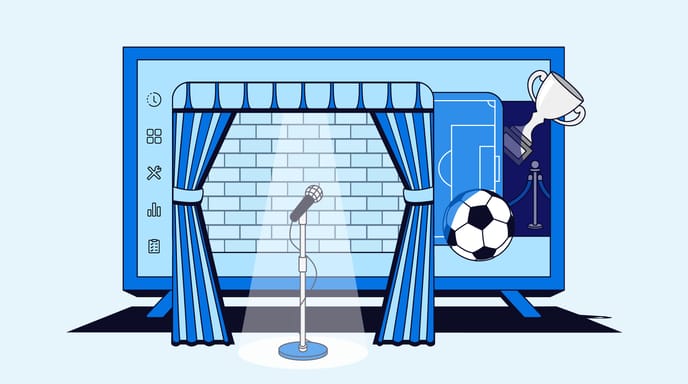 Streaming interface displayed on a TV showcasing three live events: a stage performance with curtains and a spotlighted microphone, a sports event, and an award show.