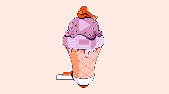 Vector illustration of a megaphone that doubles as an ice cream cone. Each scoop of ice cream contains iconography repsenting a different advertising channel.