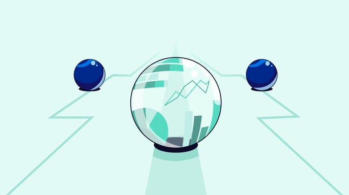 An illustration showing three marbles rolling forward, and the marble in the center is transparent and filled with bar graphs and other iconography